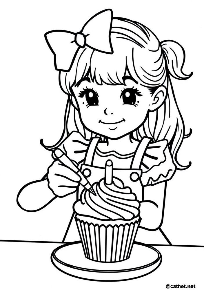 Desenho de Menina fazendo glacê em cupcake para colorir