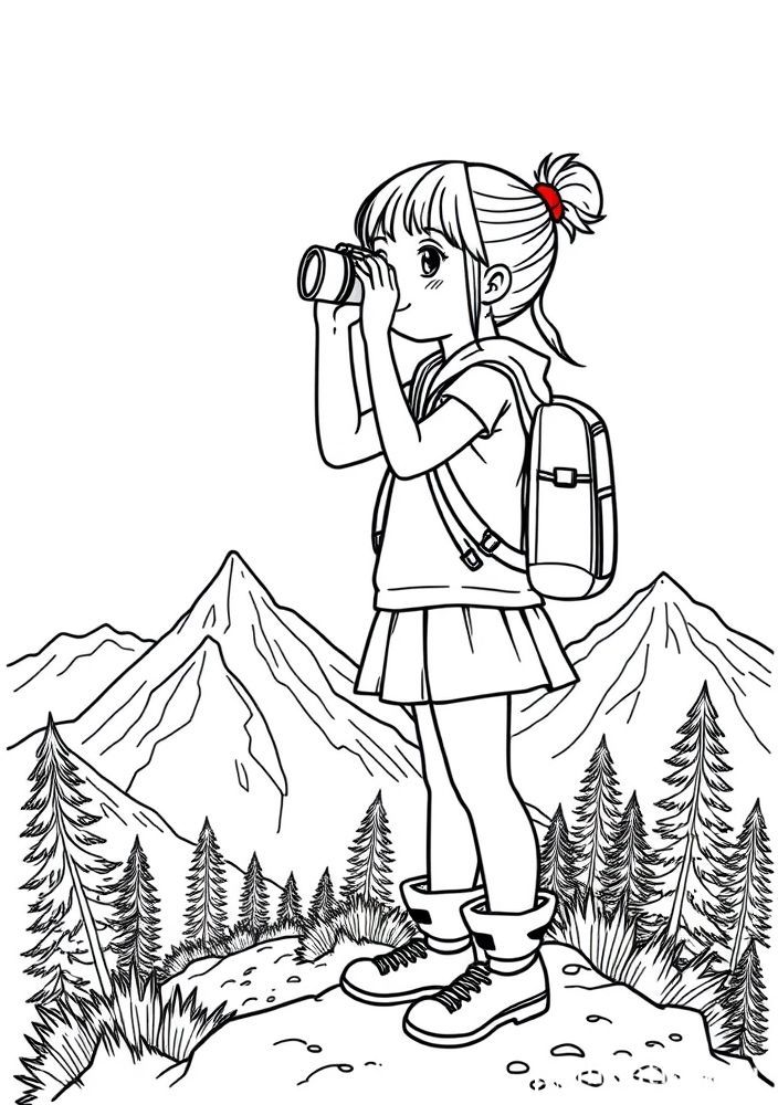 Desenho de Menina na Montanha com Binóculo para colorir