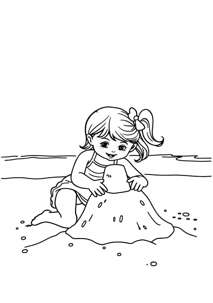Desenho de Menina na Praia Construindo um Castelo de Areia para colorir