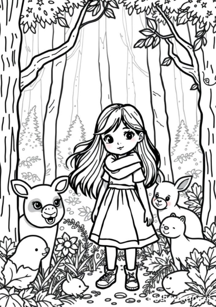 Desenho de Menina na floresta com animais para colorir