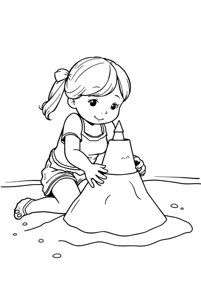 Desenho de Menina na praia construindo castelo de areia para colorir
