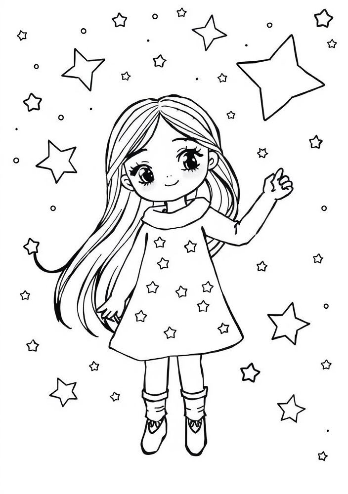 Desenho de Menina no Espaço com Estrelas para colorir