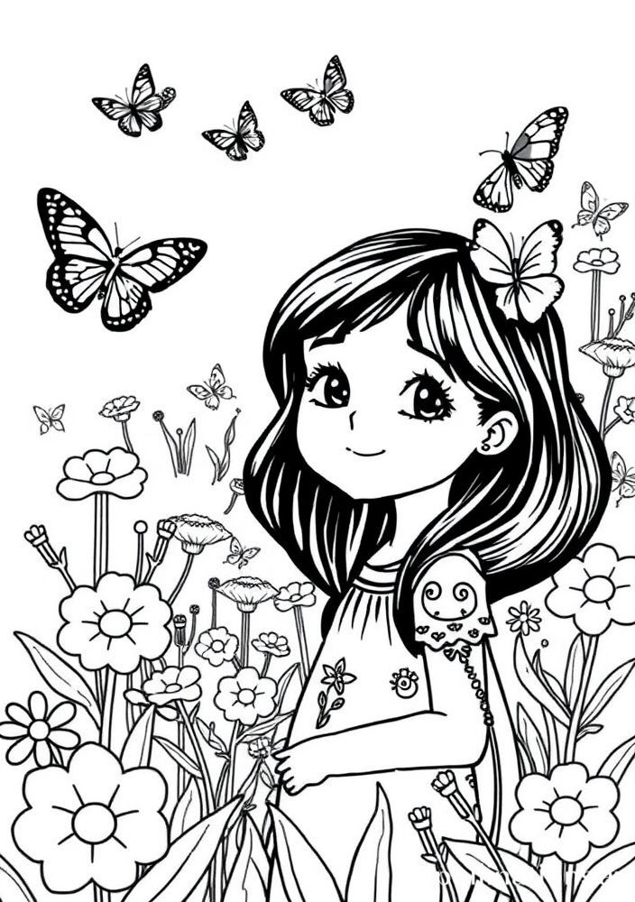 Desenho de Menina no Jardim com Borboletas para colorir