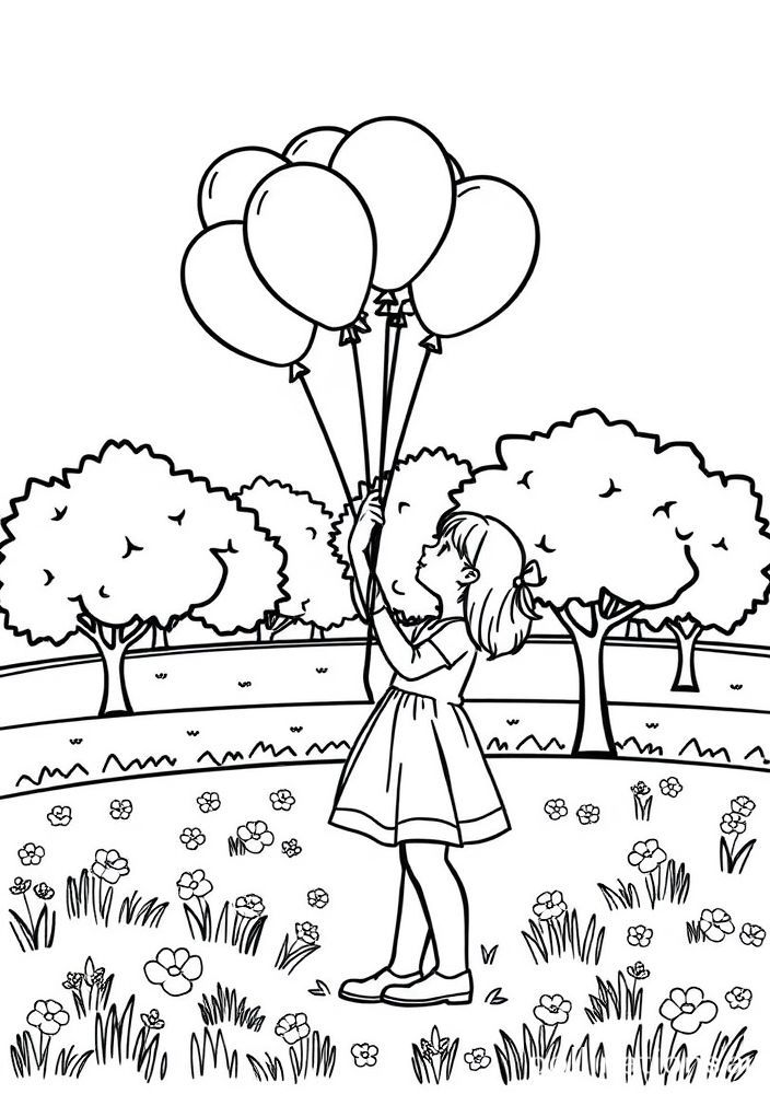 Desenho de Menina no parque com balão para colorir