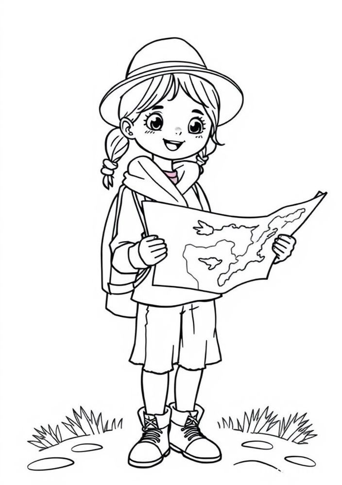 Desenho de Menina viajante com mapa para colorir