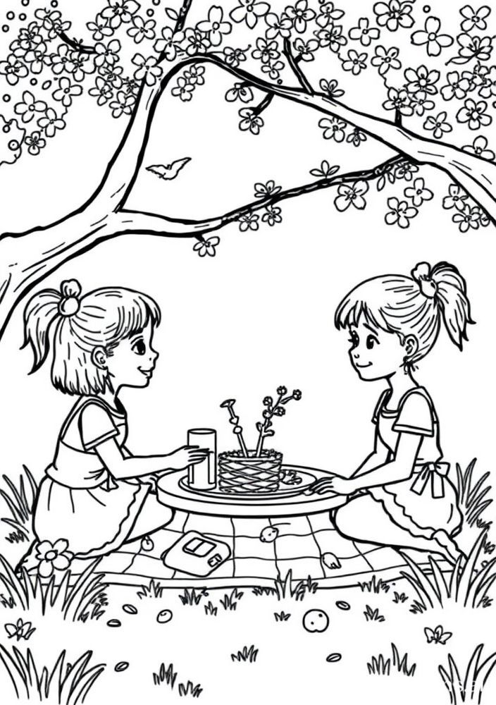 Desenho de Meninas em um Piquenique para colorir