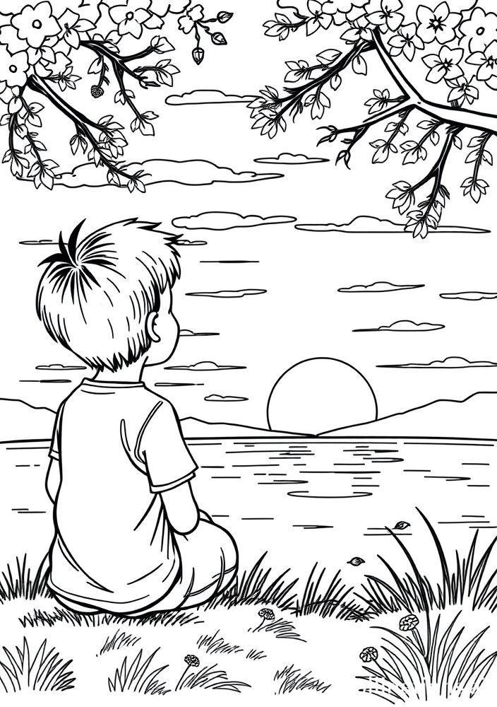 Desenho de Menino Assistindo ao Pôr do Sol para colorir