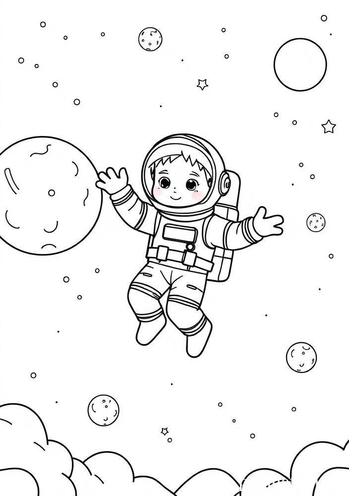 Desenho de Menino Astronauta Flutuando no Espaço para colorir