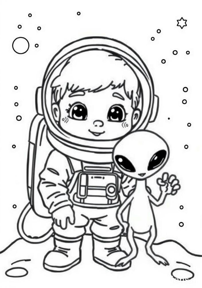 Desenho de Menino Astronauta e Alienígena para colorir