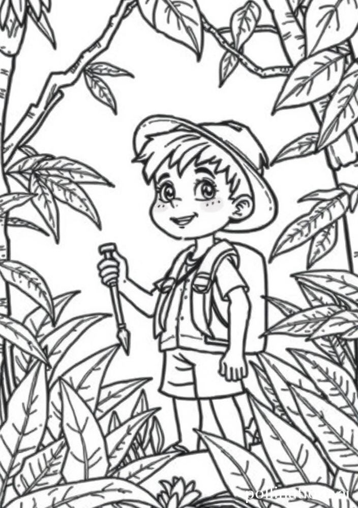 Desenho de Menino Aventureiro na Selva para colorir