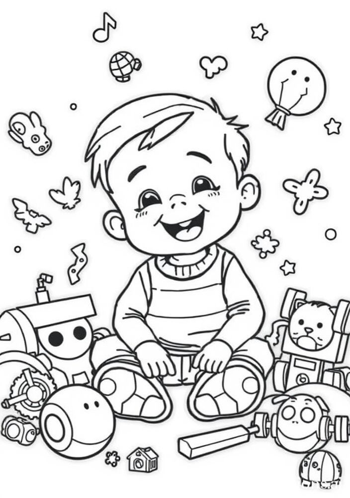 Desenho de Menino Brincando com Brinquedos para colorir