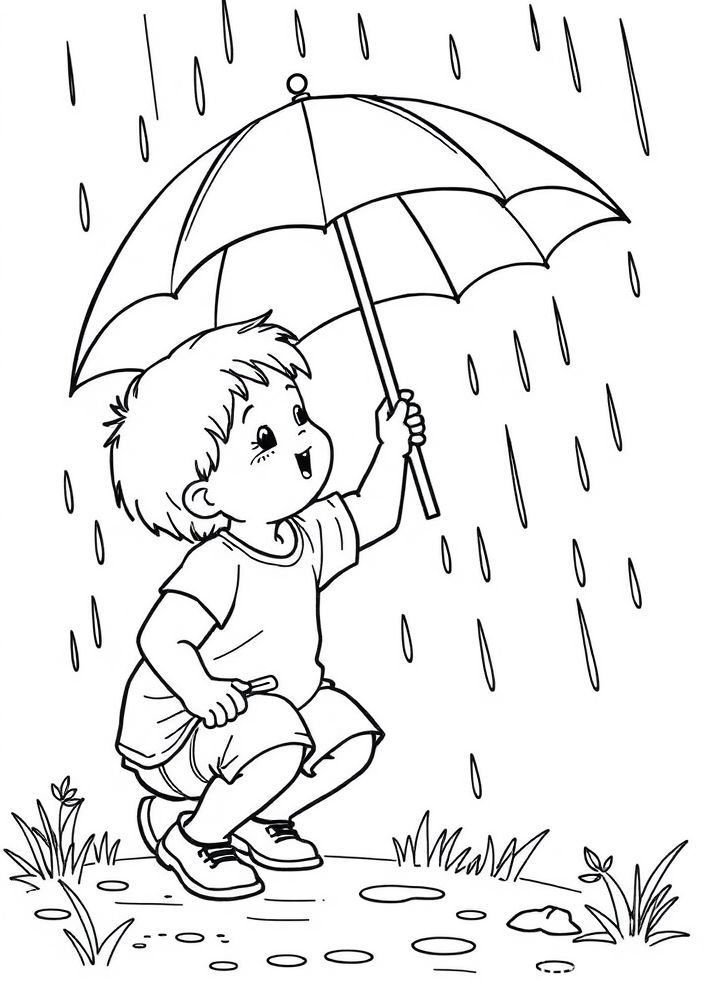 Desenho de Menino Brincando na chuva para colorir
