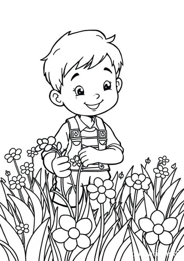 Desenho de Menino Coletando Flores para colorir