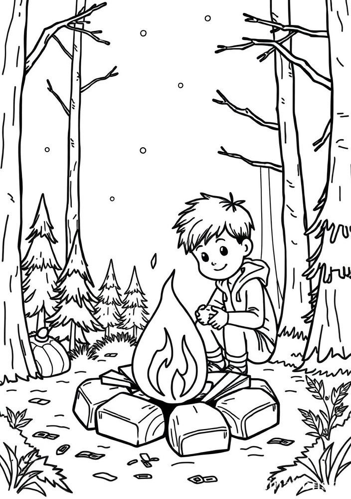 Desenho de Menino Fazendo uma Fogueira para colorir