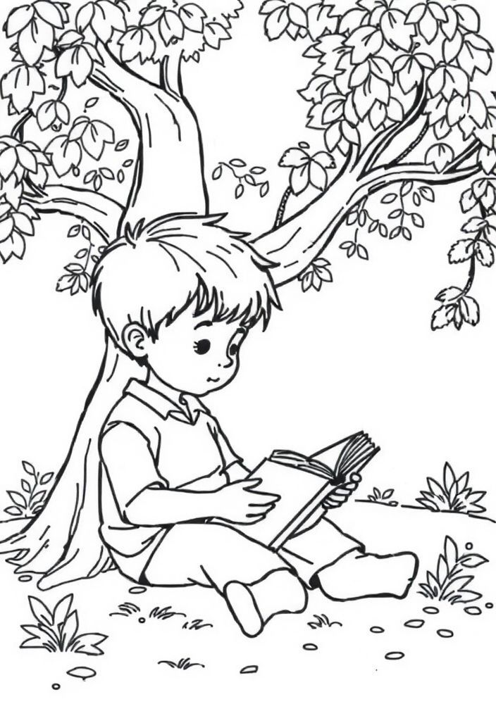 Desenho de Menino Lendo um Livro sob uma Árvore para colorir