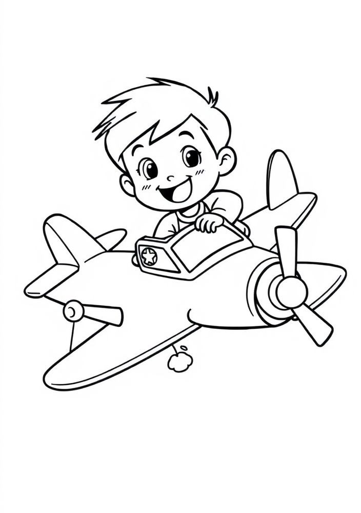 Desenho de Menino Pilotando um Avião para colorir