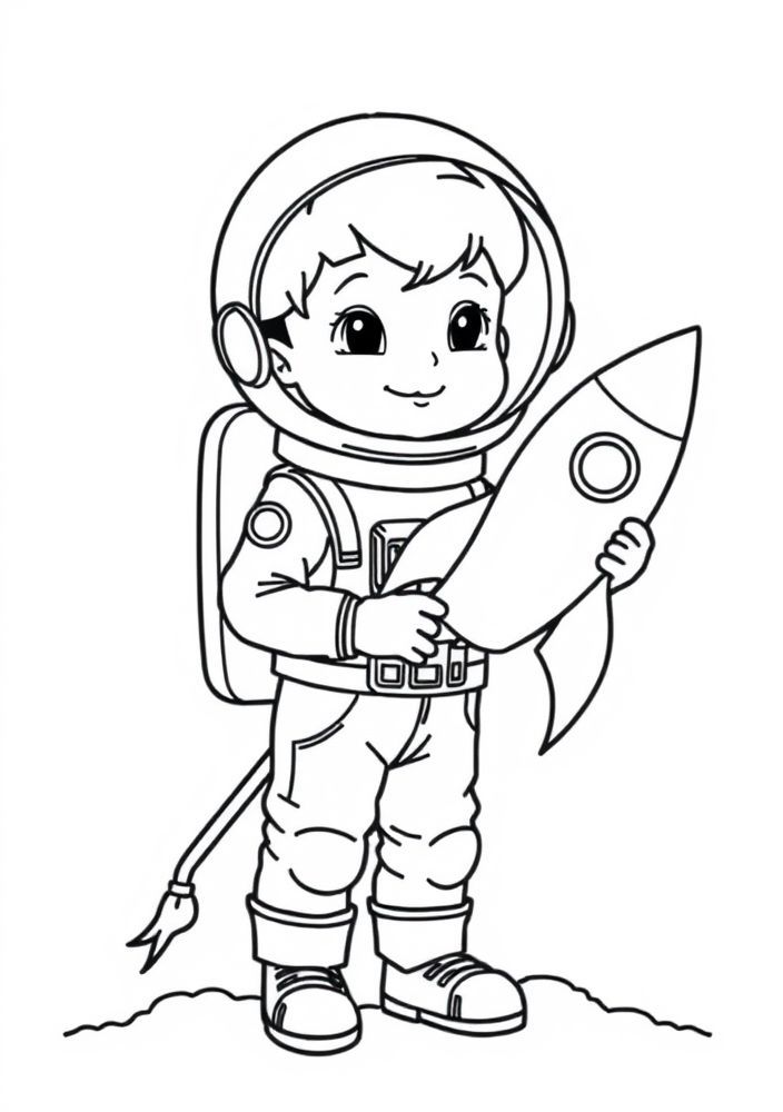 Desenho de Menino astronauta com um foguete para colorir