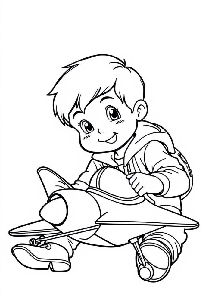 Desenho de Menino com Avião de Combate para colorir