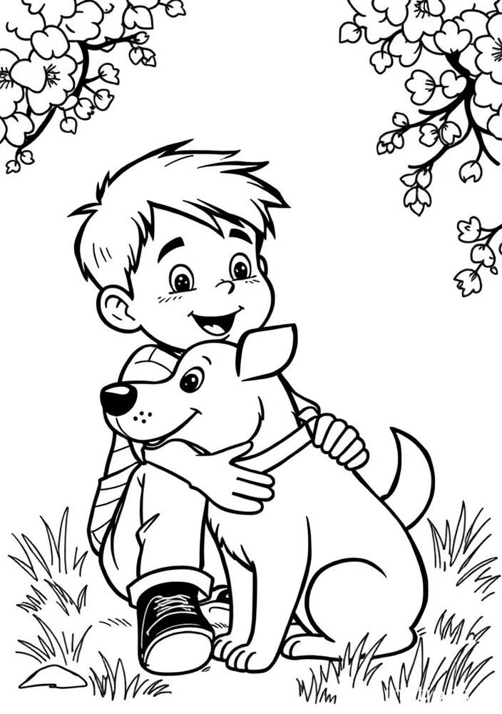Desenho de Menino com Cão para colorir