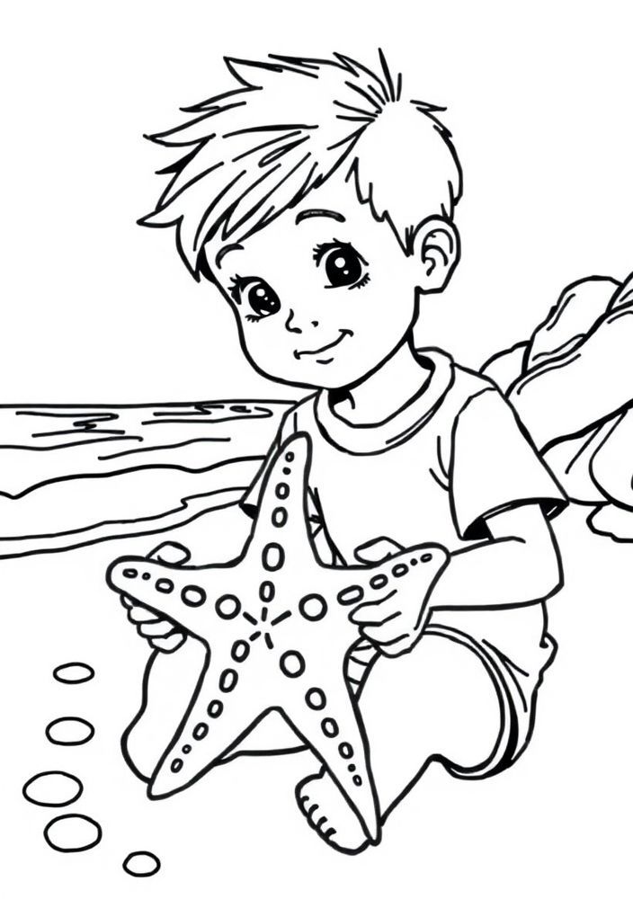 Desenho de Menino com Estrela-do-Mar na Praia para colorir