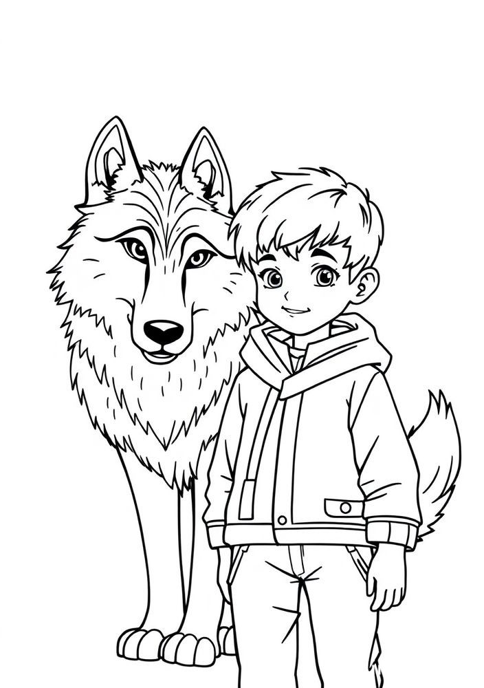 Desenho de Menino com Lobo para colorir