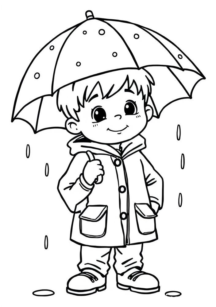 Desenho de Menino com capa de chuva e guarda-chuva para colorir