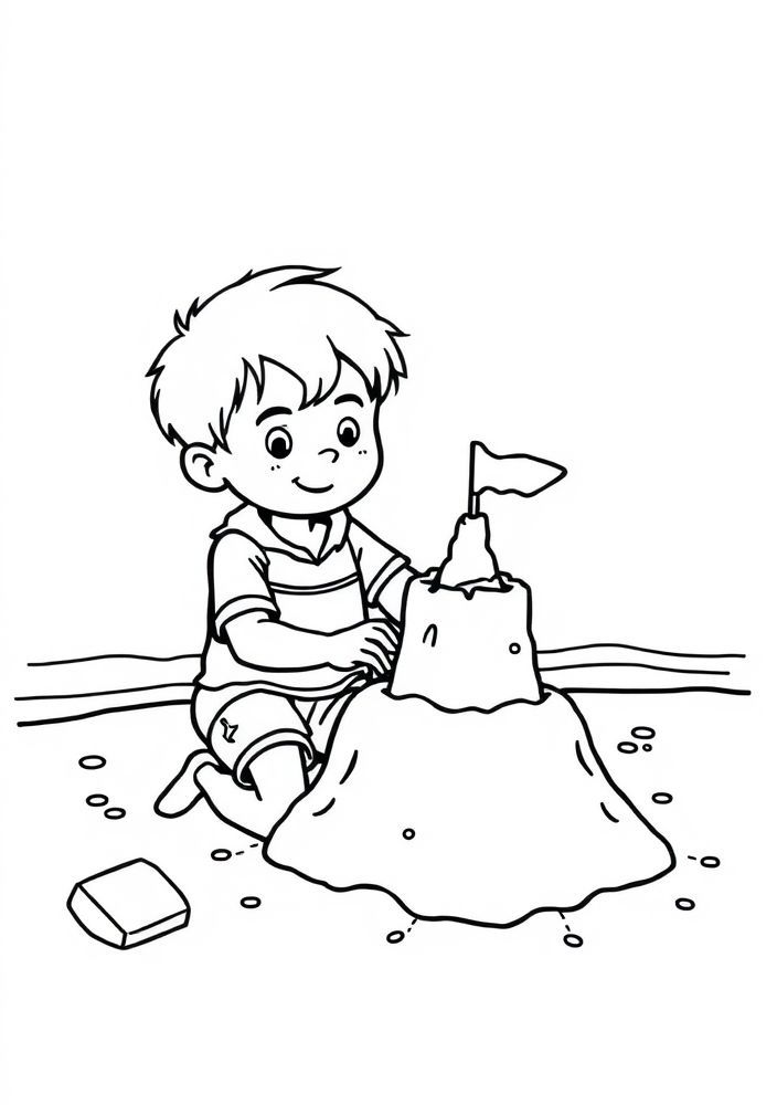 Desenho de Menino construindo um castelo de areia para colorir