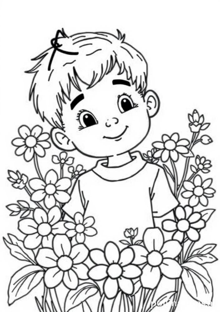 Desenho de Menino e Flores para colorir