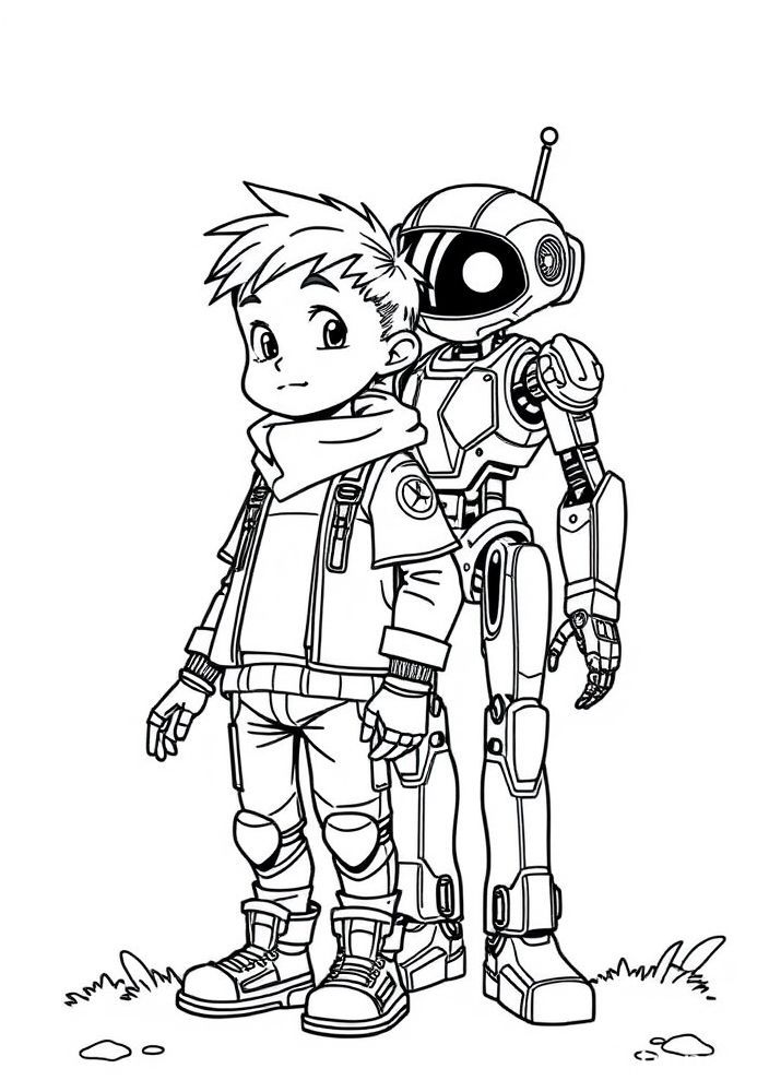 Desenho de Menino e seu Robô para colorir