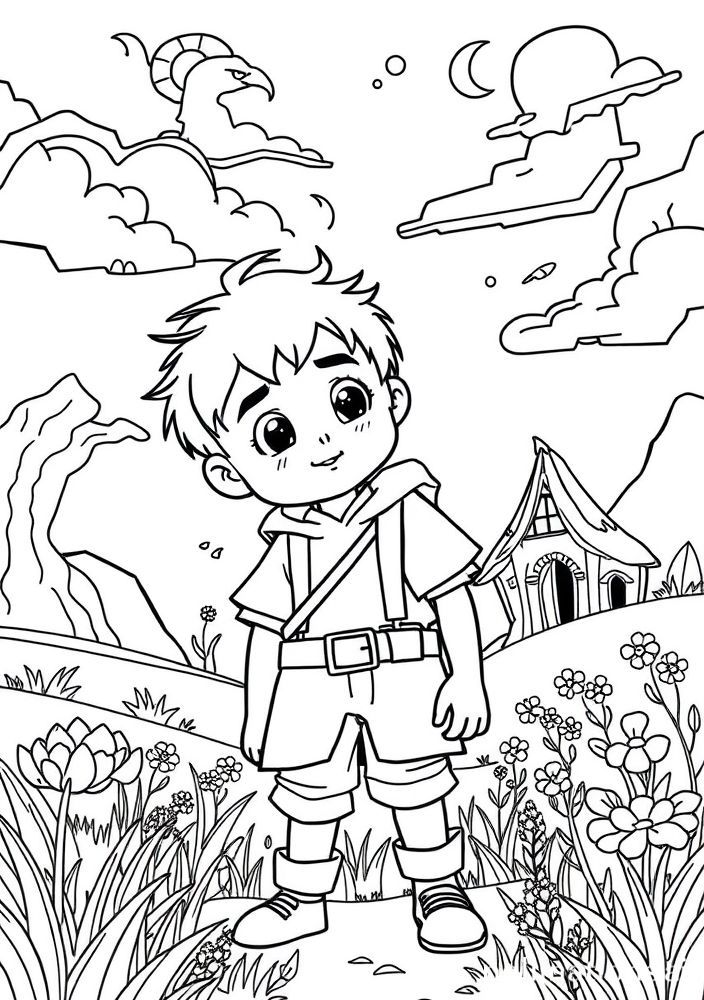 Desenho de Menino em um Mundo Fantástico para colorir