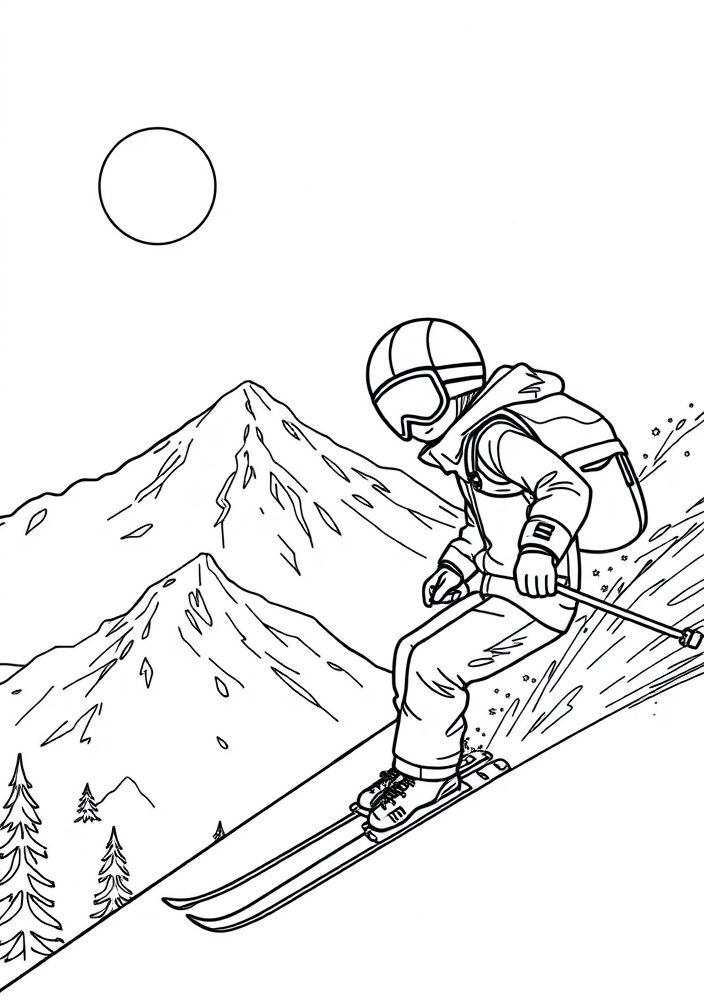 Desenho de Menino esquiador na montanha para colorir