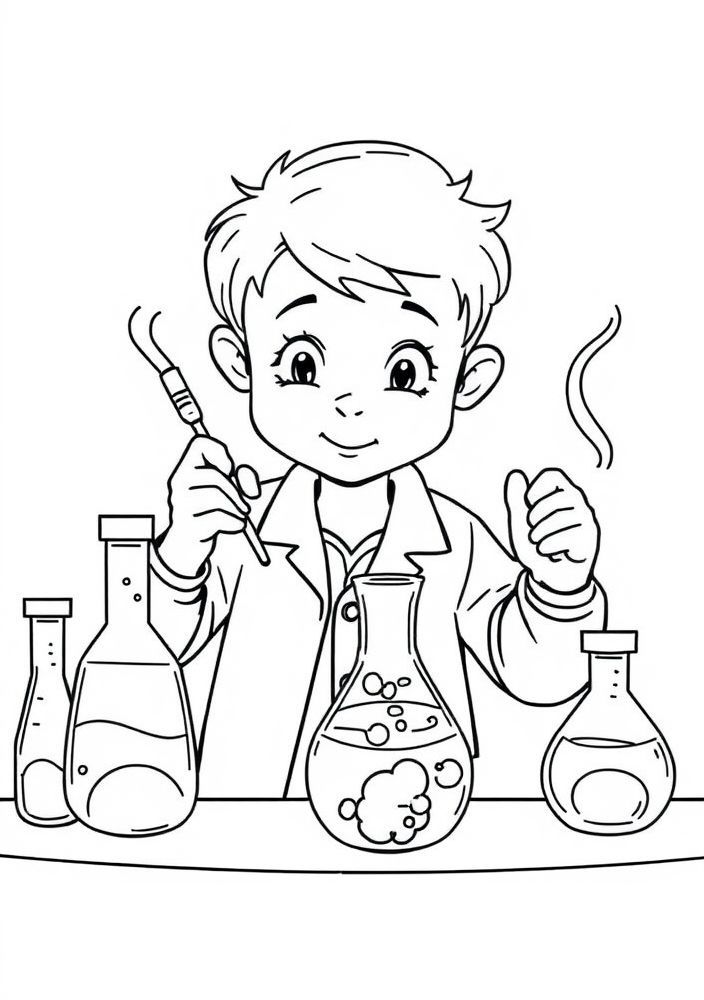 Desenho de Menino fazendo ciência com tubos de ensaio para colorir