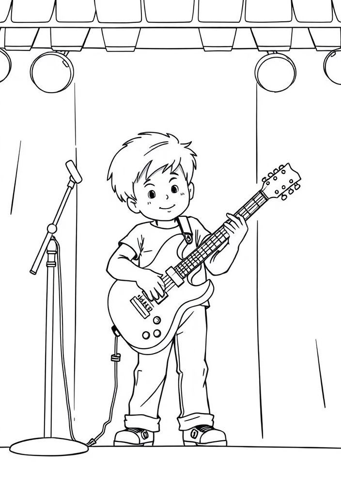 Desenho de Menino guitarrista em um palco para colorir