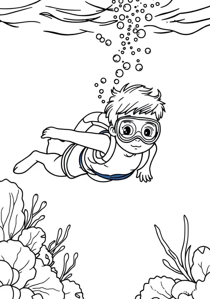 Desenho de Menino mergulhador no fundo do mar para colorir