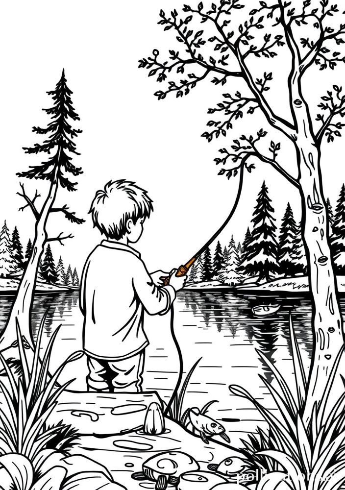 Desenho de Menino pescador com peixes para colorir