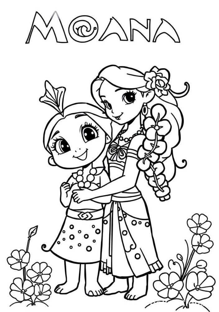 Desenho de Moana e Hei Hei na ilha para colorir