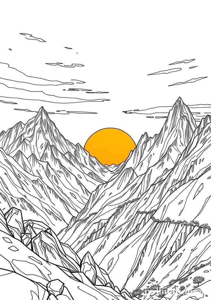 Desenho de Montanha ao Pôr do Sol para colorir