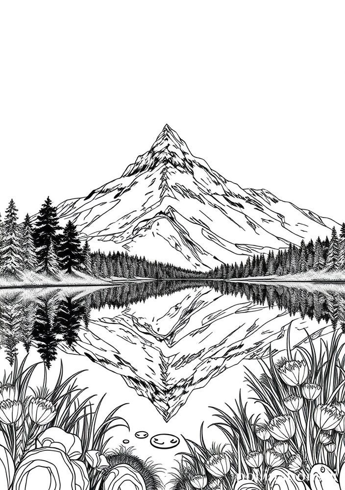 Desenho de Montanha com Lago para colorir