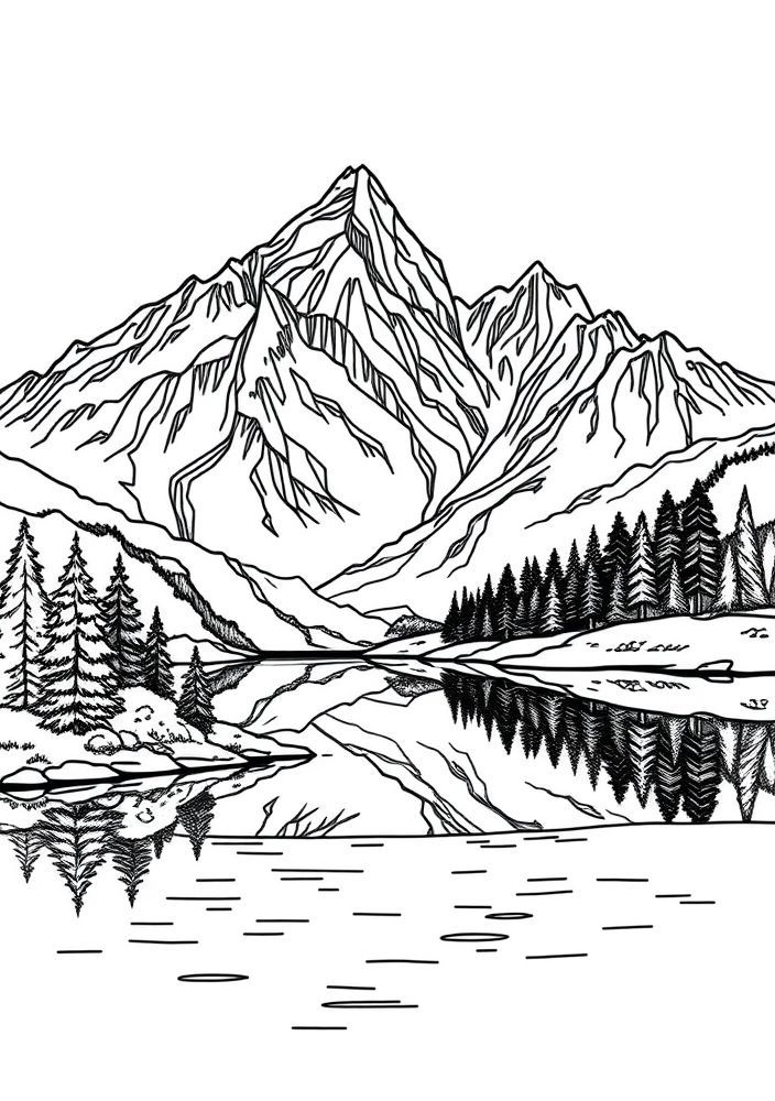 Desenho de Montanha e Lago para Colorir