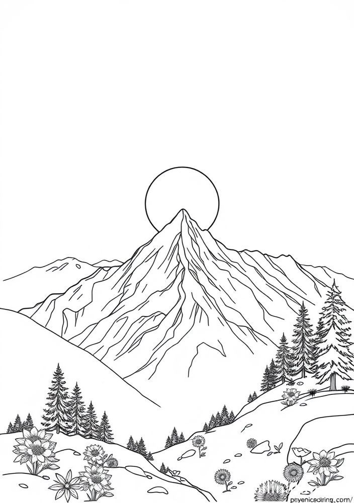 Desenho de Montanha e Sol para Colorir