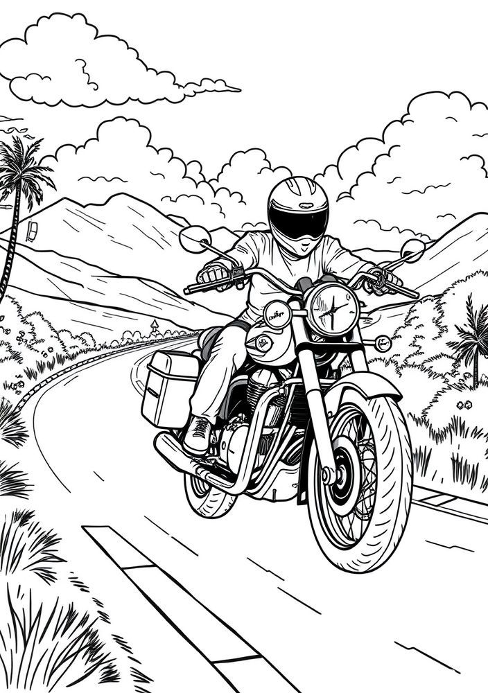 Desenho de Moto Clássica em uma Viagem para colorir