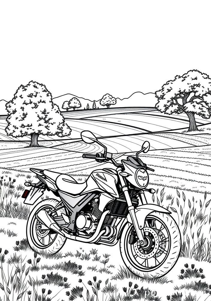 Desenho de Moto em Paisagem Rural para colorir