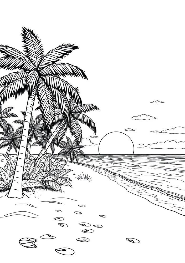 Desenho de Nascer do Sol na Praia para colorir