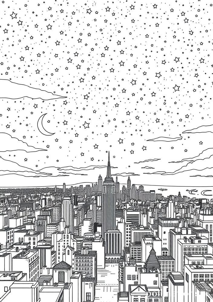 Desenho de Noite Estrelada sobre a Cidade para colorir