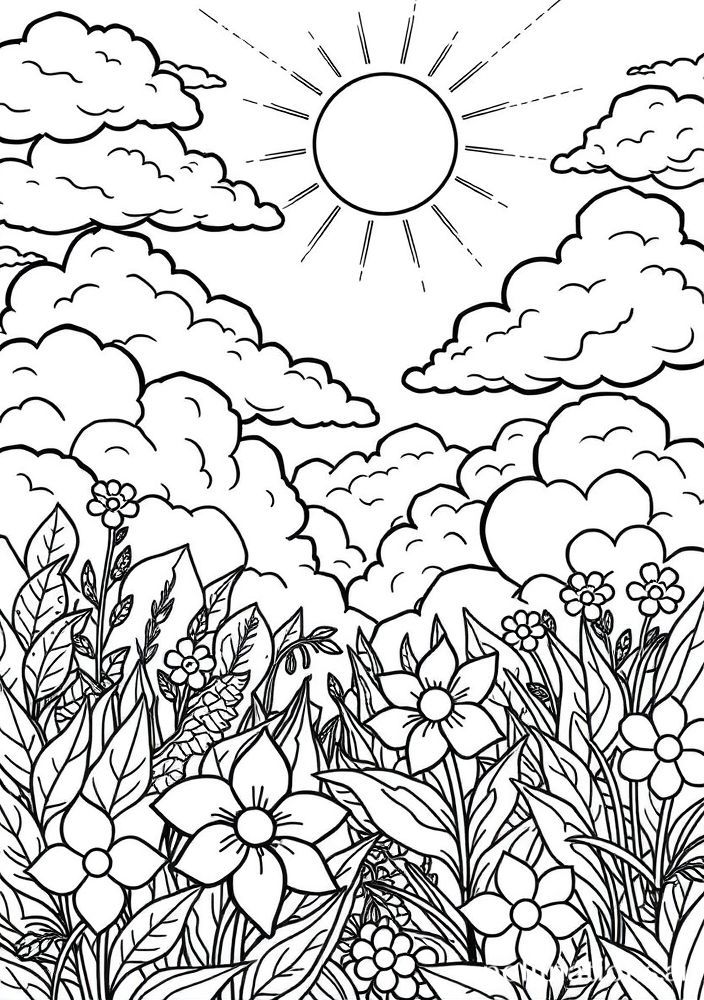 Desenho de Nuvens e Sol no Jardim para colorir