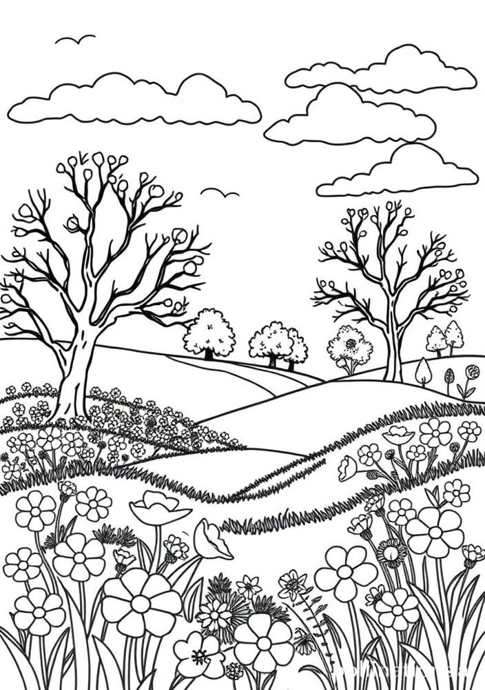 Desenho de Paisagem Primaveril com Árvores e Flores para Colorir