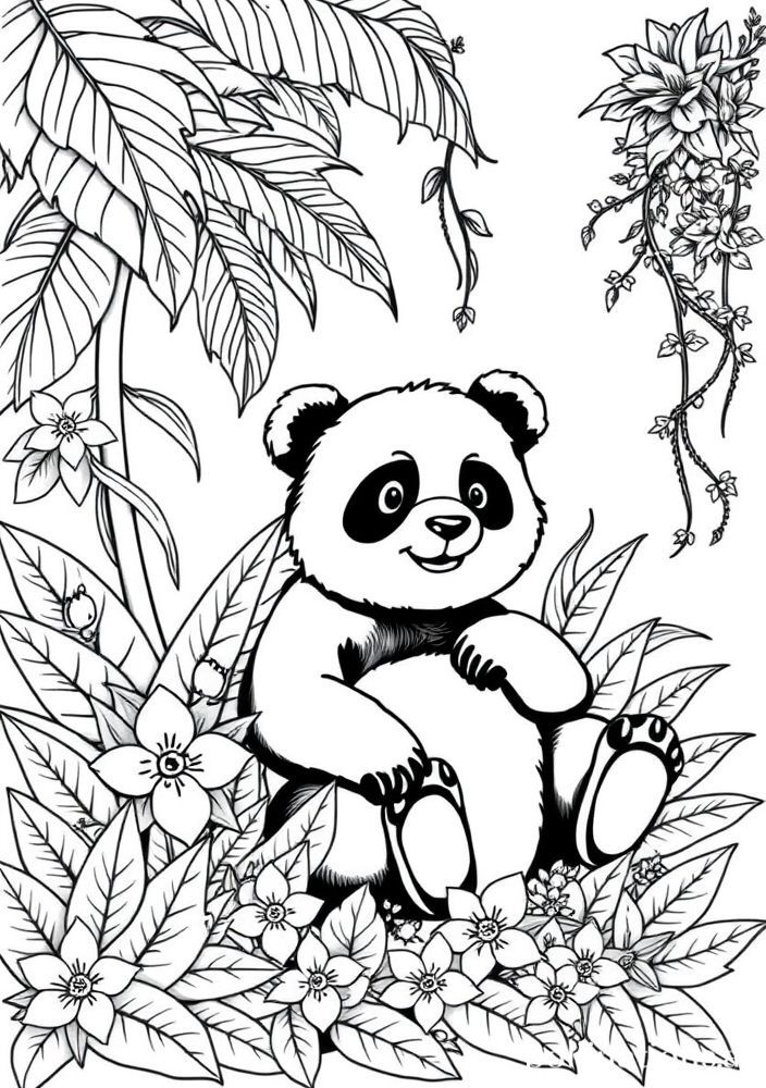 Desenho de Panda em um Jardim Tropical para colorir