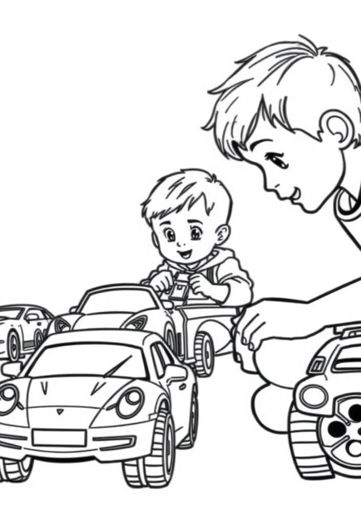 Desenho de Papai e Filho Brincando de Carro para colorir