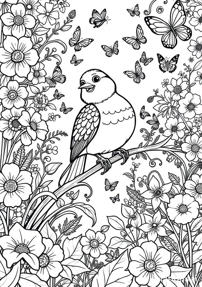 Desenho de Pássaro cantando no Jardim para colorir