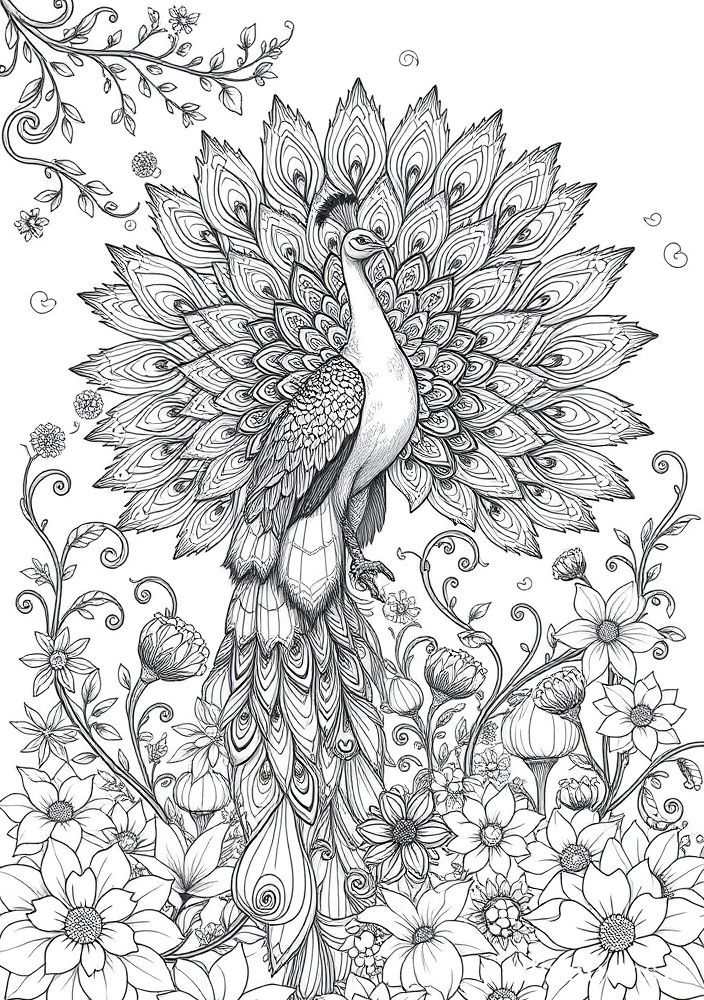Desenho de Pavão com Cauda Espelhada para Colorir